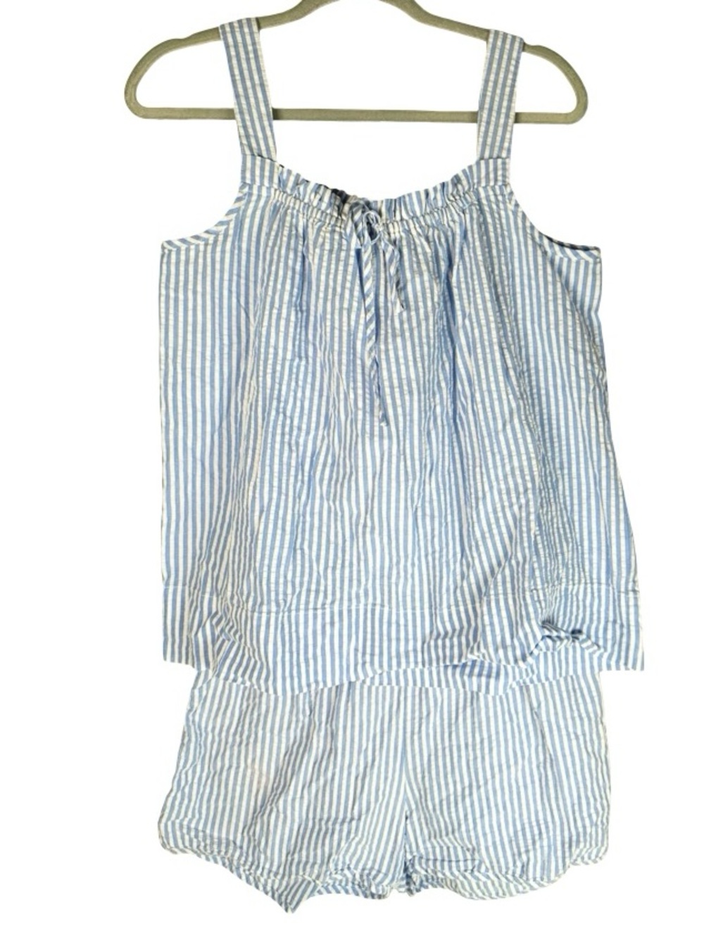 Lake Blue Seersucker Striped Cotton Alice 2 Piece Pajama Tank Shorts Set Medium